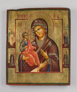 Icona russa del XIX secolo - Madre di Dio Tricherusa, santi e patriarchi scelti.