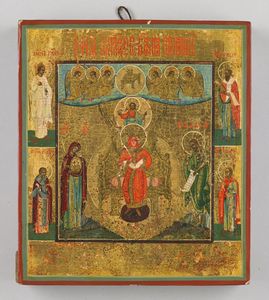Icona russa del XIX secolo - Madre di Dio in trono e santi scelti.
