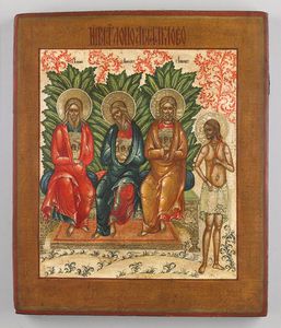 Icona russa del XIX secolo - Tre santi gerarchi e San Giovanni Battista.