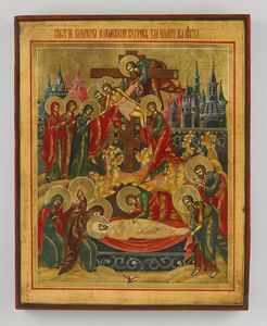 Icona russa del XIX secolo - Deposizione di Cristo dalla croce e Cristo al sepolcro.
