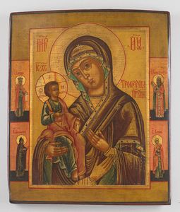 Icona russa del XIX secolo - Madre di Dio Tricherusa e santi scelti.