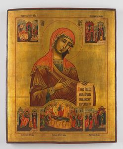 Icona russa del XIX secolo - Madre di Dio Bogolyubska e scene di vita.