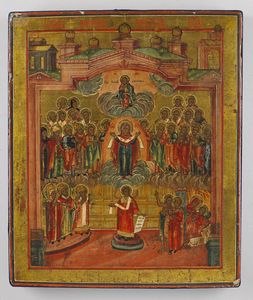 Icona russa del XIX secolo - Madre di Dio della cintura e del manto protettore con santi e patriarchi scelti.