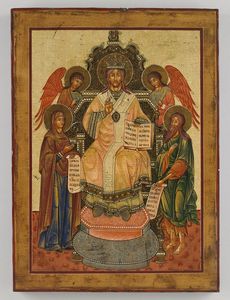 Icona russa del XIX secolo - Cristo in trono e santi.