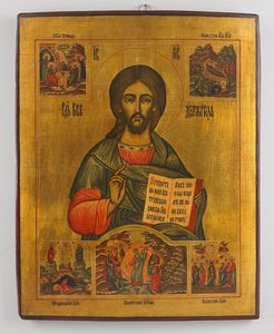 Icona russa del XIX secolo - Cristo Pantocratore e scene di vita.