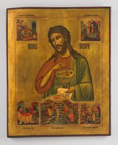 Icona russa del XIX secolo - San Giovanni Battista e scene di vita.