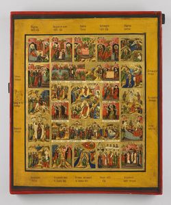 Icona russa del XIX secolo - Le Sedici feste e il ciclo della Passione.