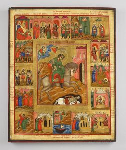 Icona russa del XIX secolo - Arcangelo Michele e scene di vita.