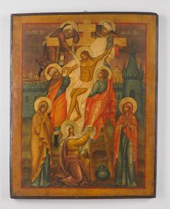 Icona russa del XIX secolo - Deposizione del corpo di Cristo dalla croce.