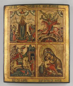 Icona russa del XIX secolo - Gioia di tutti gli afflitti, San Giorgio, San Michele Arcangelo, Madonna della tenerezza.