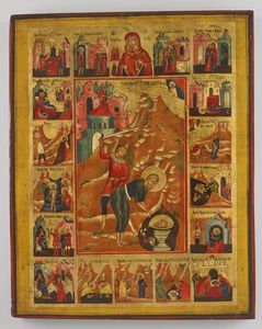 Icona russa del XIX secolo - San Giovanni Battista e scene di vita.