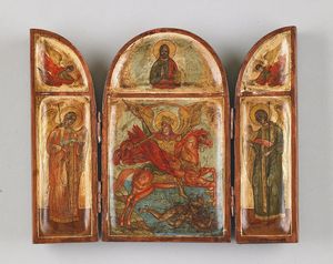 Icona russa del XIX secolo - Da viaggio raffigurante San Michele Arcangelo, San Gabriele e San Raffaele.