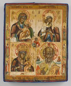 Icona russa del XIX secolo - Madre di Dio, San Nicola, santi e patriarchi scelti.