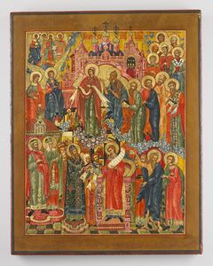 Icona russa del XIX secolo - Madre di Dio della cintura e del manto protettore con santi, martiri e patriarchi scelti.