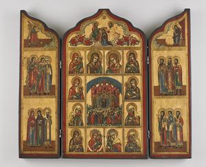 Icona russa del XIX secolo - Da viaggio raffigurante Santissima Madre di Dio e santi scelti.