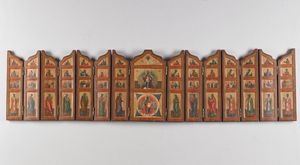 Icona russa del XIX secolo - Da viaggio raffigurante Madre di Dio, Cristo e santi scelti.