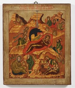 ICONA RUSSA DEL XVIII-XIX SECOLO - Nativit di Cristo e santi.