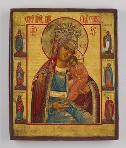 Icona russa del XIX secolo - Madre di Dio, santi e patriarchi scelti.