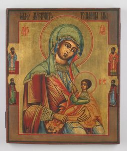 Icona russa del XIX secolo - Madre di Dio e santi scelti.