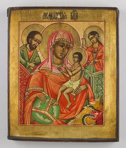 Icona russa del XIX secolo - Madre di Dio sovrana e santi scelti.