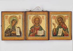 Icona russa del XIX secolo - Da viaggio raffigurante Madre di Dio, Cristo e San Giovanni.
