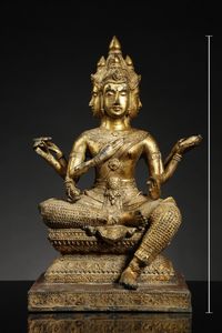 Arte Sud-Est Asiatico - Figura di Phra Phrom in bronzo dorato Thailandia, Rattanakosin (1782-1932) XVIII secolo