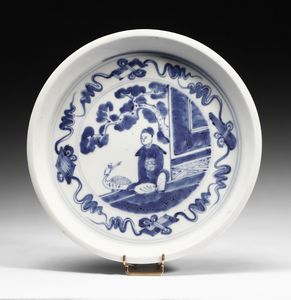 Arte Cinese - Piatto dehua a decoro blu Cina, periodo Transizione (1620-1683)