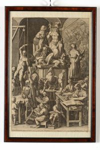 ,Cornelis Cort - Incisione su carta entro cornice L'Accademia delle belle arti, 1578