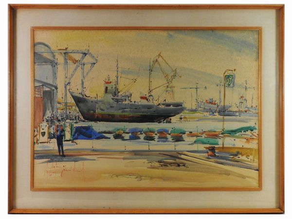 ,Michele Ortino : Scorcio di porto 1940  - Asta Arte Moderna e Contemporanea - Associazione Nazionale - Case d'Asta italiane