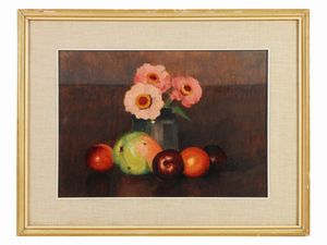 ,Valentino Ghiglia - Natura morta con vaso di fiori e frutta