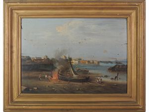 ,Giuseppe Gozzini - Paesaggio marino con barche e personaggi