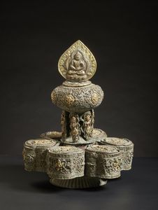 Arte Himalayana - Porta spezie in rame sbalzato e dorato Nepal o Kashmir, inizio XX secolo