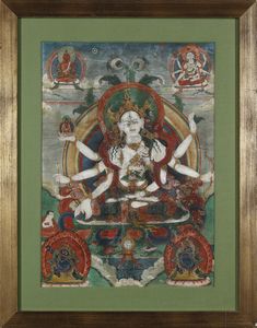 Arte Himalayana - Thangka  raffigurante UshnishavijayaTibet, fine XVIII - XIX secolo