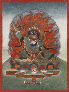 Arte Himalayana - Thangka in seta raffigurante Bernagchen MahakalaTibet, XX secolo
