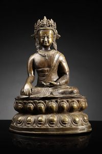 Arte Himalayana - Grande scultura in bronzo raffigurante Buddha coronato Tibet, inizio XX secolo