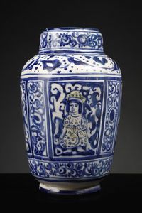 Arte Islamica - Albarello in ceramica bianca e blu. Iran, XVIII - XIX  secolo
