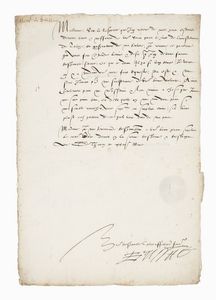 CARLO I DI COSSÉ - Lettera manoscritta con firma autografa inviata a Margherita Gonzaga, Duchessa di Mantova e Marchesa di Monferrato.