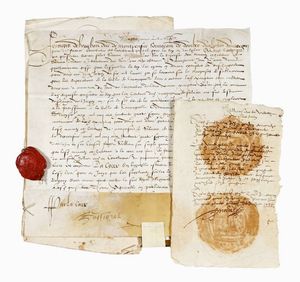 ENRICO III FRANCIA - Documento pergamenaceo con firma autografa, legato con antico spago ad altri 5 documenti.