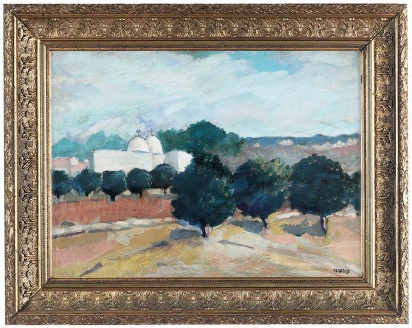 Vittorio Paradisi (1934 Lecce) Paesaggio con alberi con sfondo di case  - Asta Dimore Italiane - Associazione Nazionale - Case d'Asta italiane