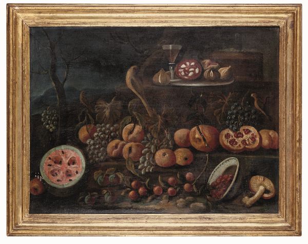 Scuola romana del XVIII secolo Natura morta con frutta, funghi e uccellini  - Asta Dimore Italiane - Associazione Nazionale - Case d'Asta italiane