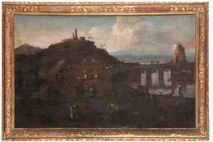 ,Christian Reder detto Monsù Leandro - Paesaggio con personaggi in riva al fiume e cittadella sullo sfondo