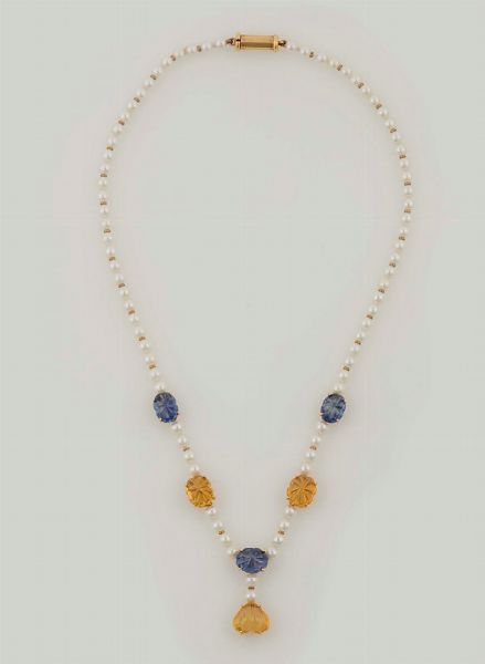 Collana di perle con quarzi citrini e topazi azzurri  - Asta Vintage, Gioielli e Bijoux - Associazione Nazionale - Case d'Asta italiane