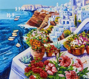 FACCINCANI ATHOS (n. 1951) - Santorini e vasi di fiori sulla terrazza.