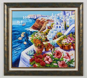 FACCINCANI ATHOS (n. 1951) : Santorini e vasi di fiori sulla terrazza.  - Asta Asta 358 | ARTE MODERNA E CONTEMPORANEA Online - Associazione Nazionale - Case d'Asta italiane