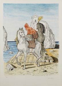 DE CHIRICO GIORGIO (1888 - 1978) - Cavalli su una spiaggia antica.