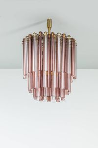 VENINI - Lampadario con elementi pendenti in vetro colorato  tige in ottone Anni '50 cm 70x46