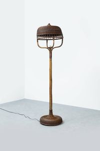 PRODUZIONE ITALIANA - Lampada da terra in bamboo e vimini intrecciato. Anni '50 cm 1878x51