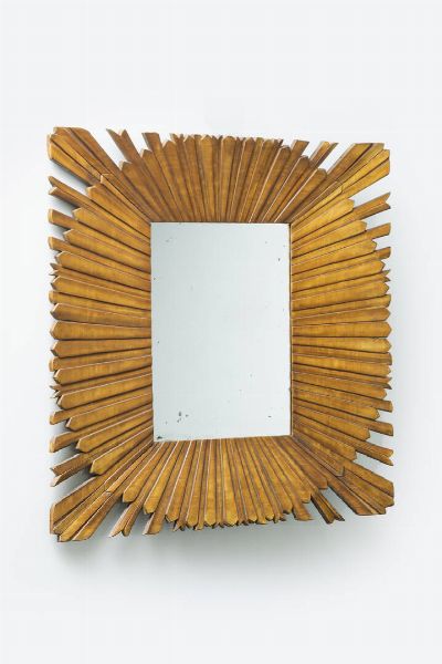 PRODUZIONE ITALIANA : Specchio con cornice formata da listelli di legno. Anni '50 cm 100x100  - Asta Asta 202 Design - Associazione Nazionale - Case d'Asta italiane