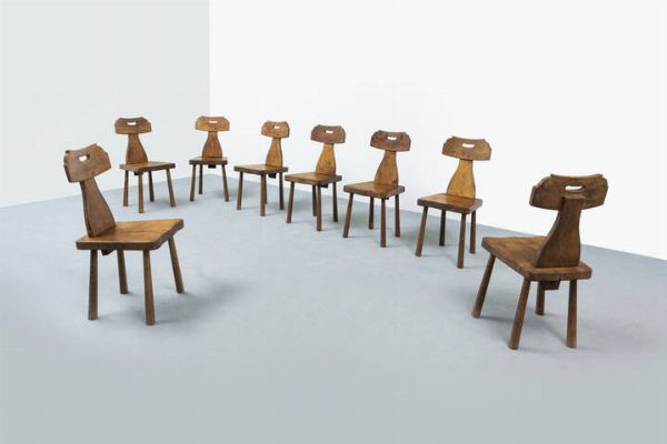 PRODUZIONE ITALIANA : Otto sedie con struttura in legno massello Anni '50 cm 86x38x43  - Asta Asta 202 Design - Associazione Nazionale - Case d'Asta italiane