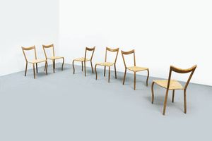 EMANUELE RAMBALDI  attribuito - Sei sedie con struttura in legno  sedile in paglia intrecciata. Anni '50 cm 88x43x57